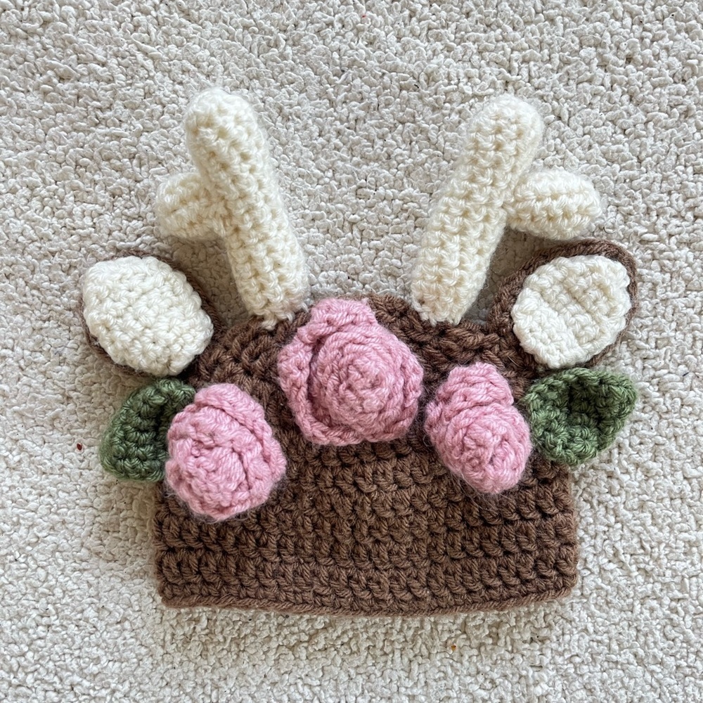 Handmade Adorable Brown Knit girls  Hat with Pink Floral Design